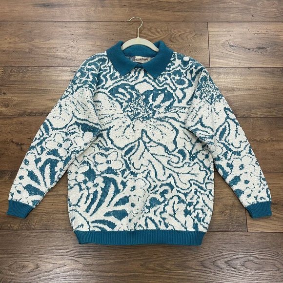 DIANE VON FURSTENBERG Sweater Womens Medium Collared Floral Textured Y2K Vintage - Picture 1 of 11
